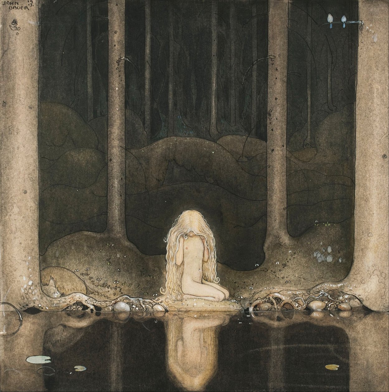 A princesa Tuvstarr ainda está sentada lá, olhando melancolicamente para a água, 1913 de John Bauer