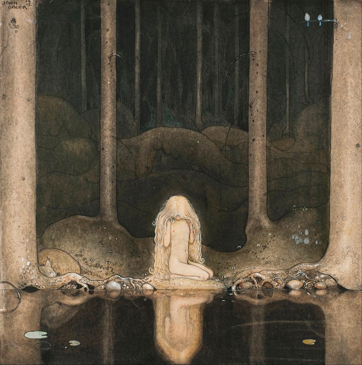 Princesa Tuvstarr olhando para a água do lago com nostalgia de John Bauer
