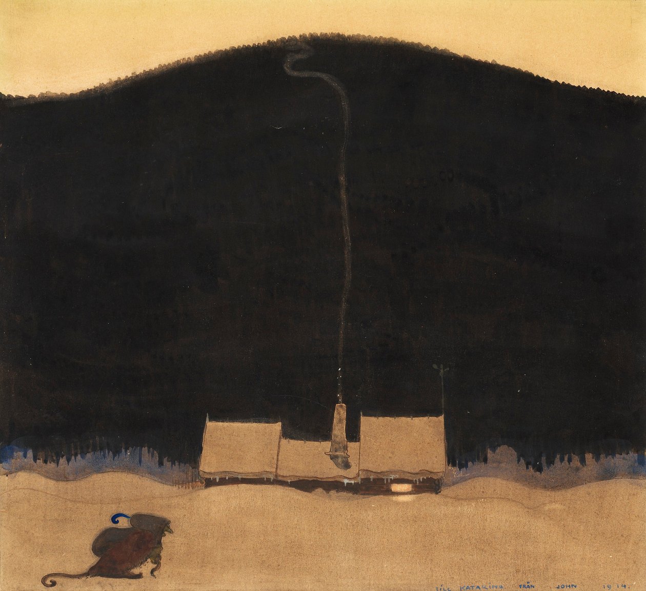 A cabana ao pé da montanha, ilustração para "När Trollmor skötte Kungens Storbyk" de Elsa Beskow em "Bland tomtar och troll" (Entre Gnomos e Trolls) de John Bauer