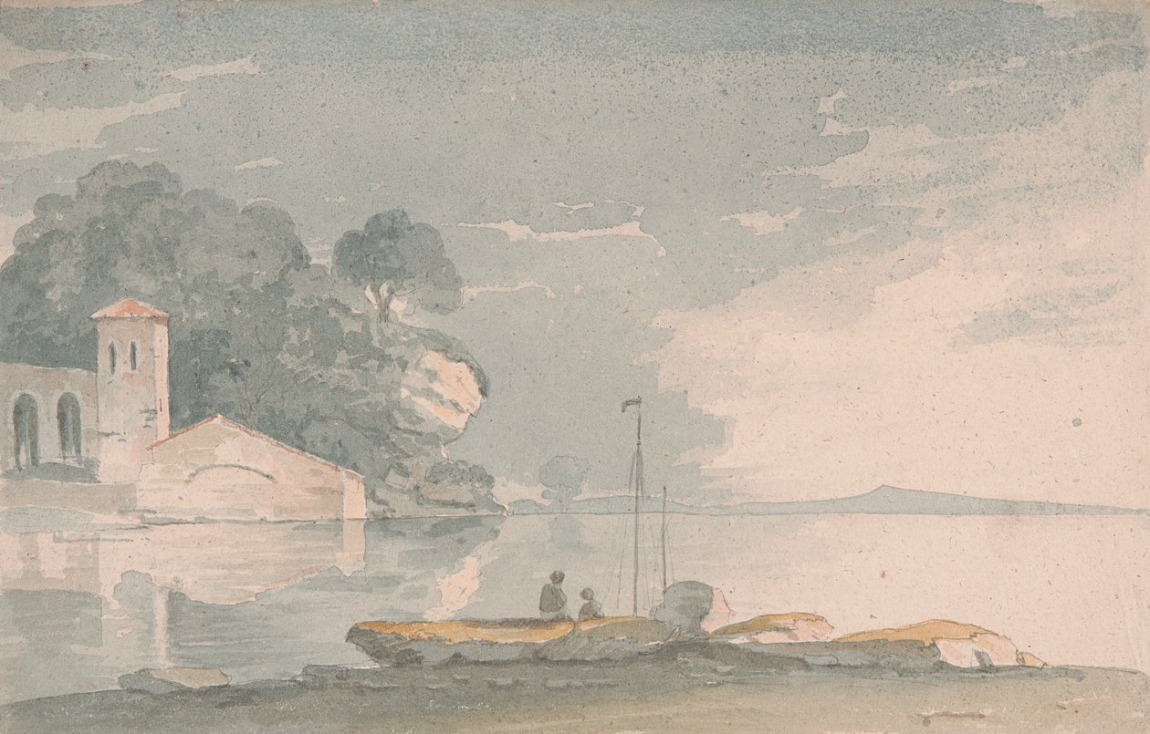 Barco e figuras na margem de um lago de John Baverstock Knight