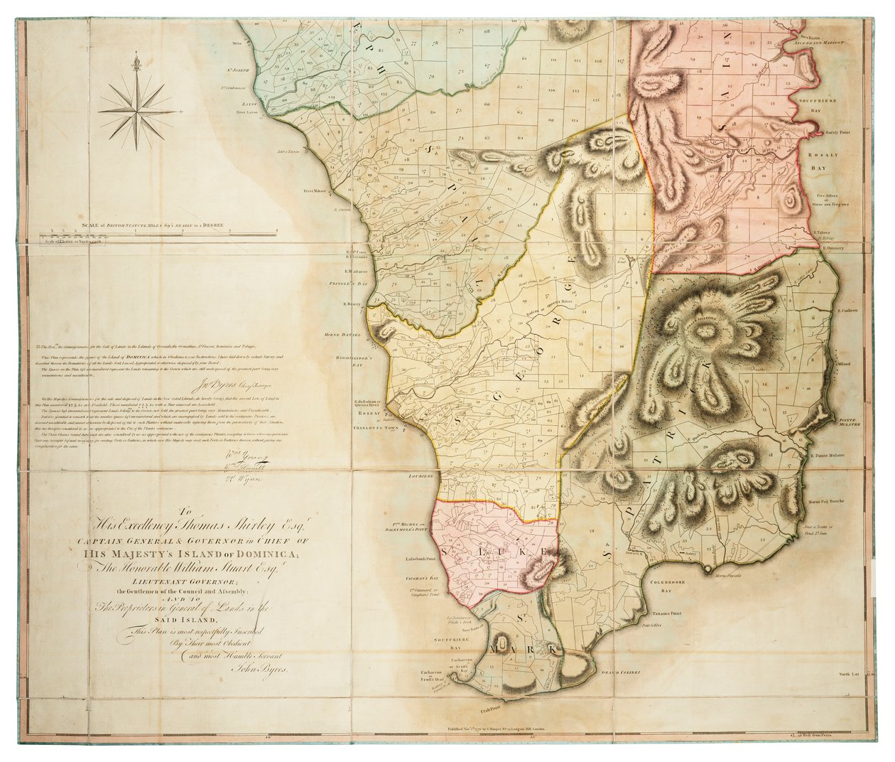 Plano da Ilha da Domínica estabelecido por levantamento topográfico real sob a direção dos Honoráveis Comissários para a Venda de Terras nas Ilhas Cedidas por John Byres, Inspetor-Chefe, 1776. de John Bayly