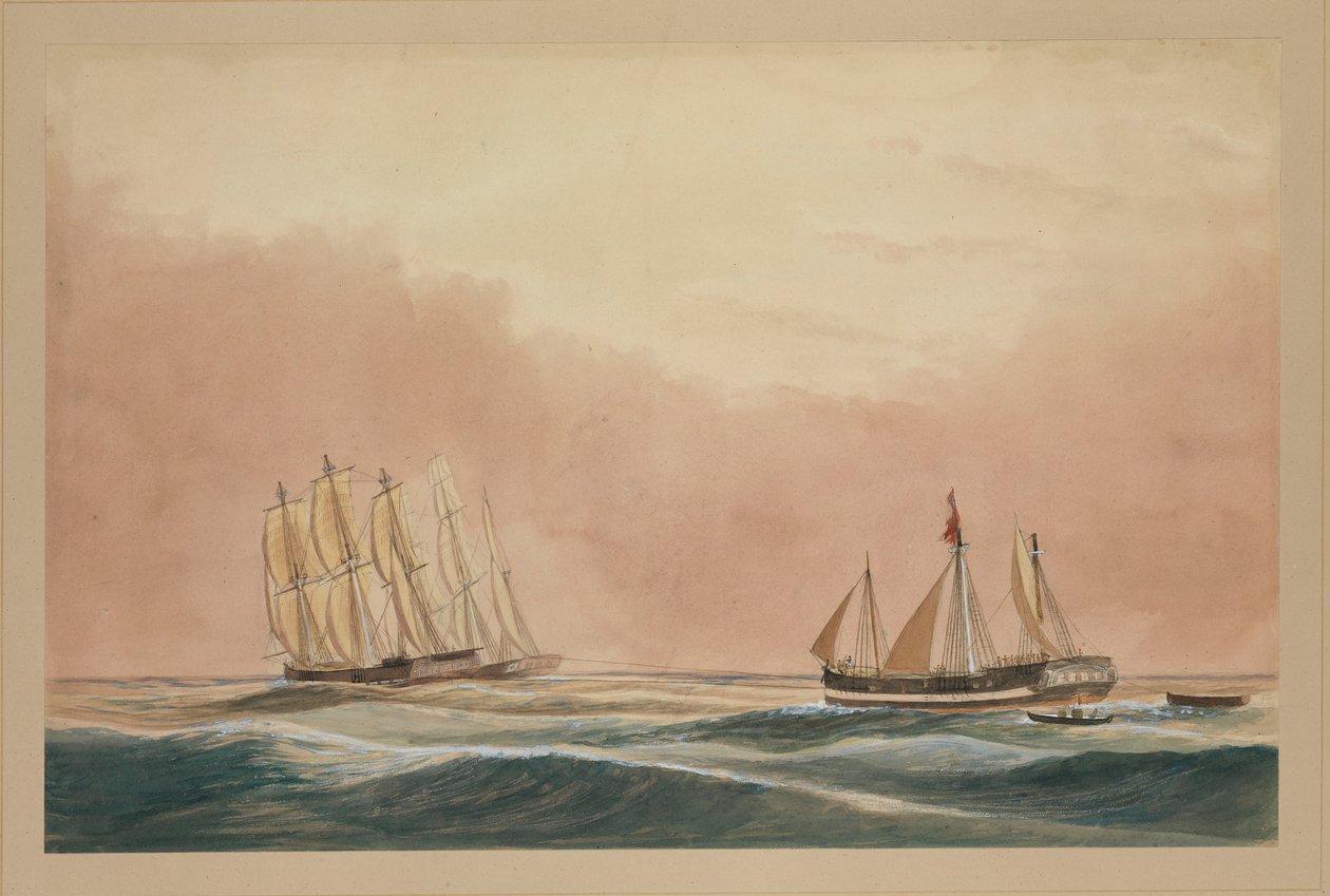 O "Futty Satam" a ser rebocado para a Maurícia pelo barque "Otter" e o navio "City of Poona" 1851, c.1851 (aguarela) de John Becket Hodgson