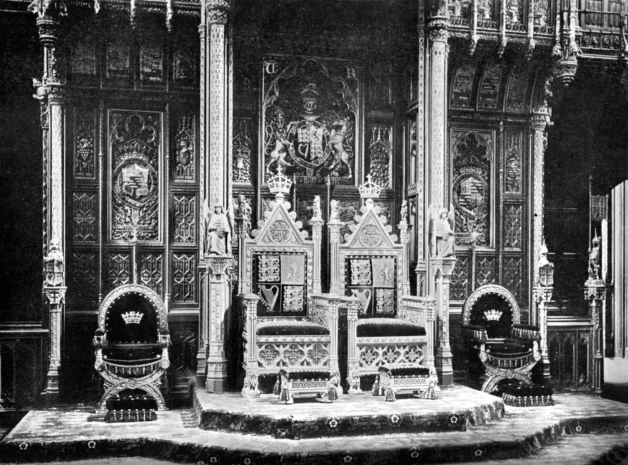 O trono real, Câmara dos Lordes, Westminster, c1905. de John Benjamin Stone