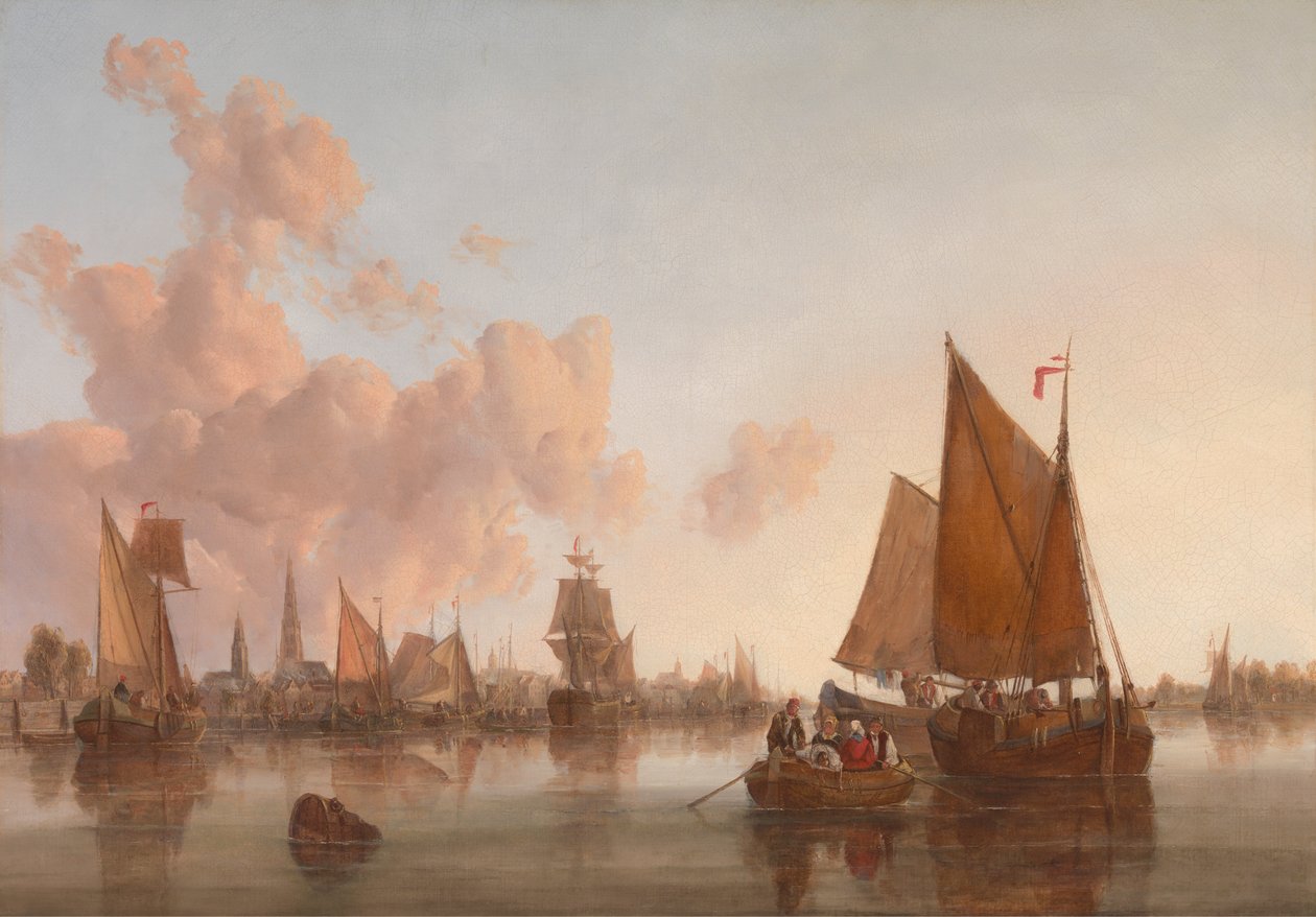 Barcos e Barcos à Vela num estuário holandês(?) de John Berney Crome