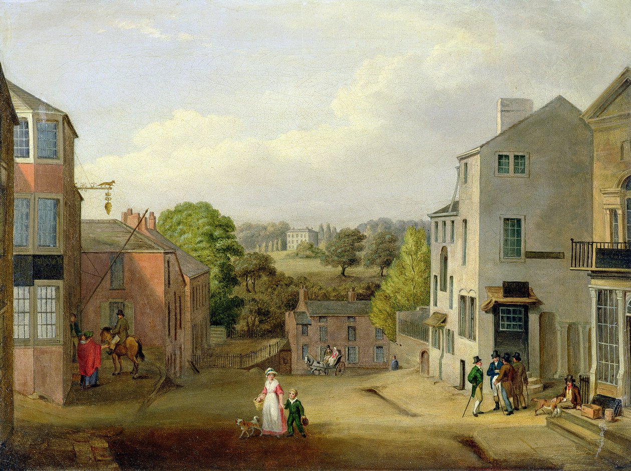Cena de rua em Chorley, Lancashire, com vista para Chorley Hall, c.1790-1817 de John, Bird