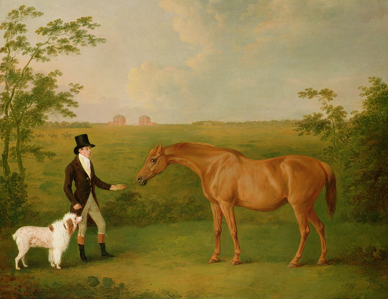 Um Cavalheiro com um Cão Branco e uma Égua de Castanheiro numa Paisagem (óleo sobre tela) de John Boultbee