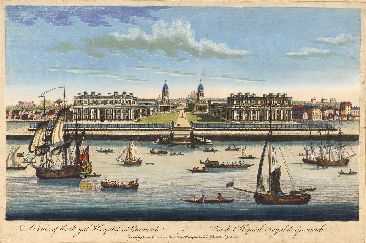 Vista do Hospital Real de Greenwich, c.1770 (gravura a cores) de John Bowles