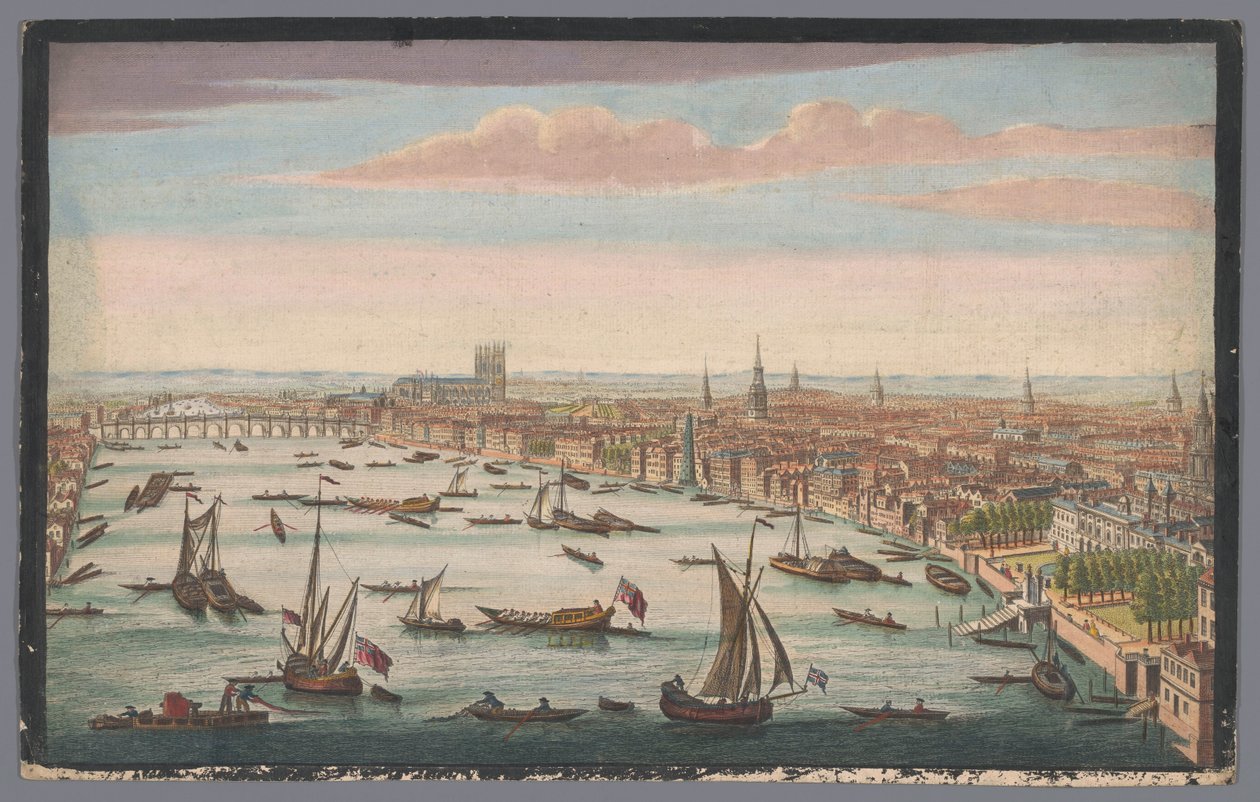 Vista do rio Tamisa e da cidade de Londres vista do lado noroeste
A perspectiva do sudeste de Westminster da Somerset House à ponte Westminster (título sobre o objecto) de John Bowles