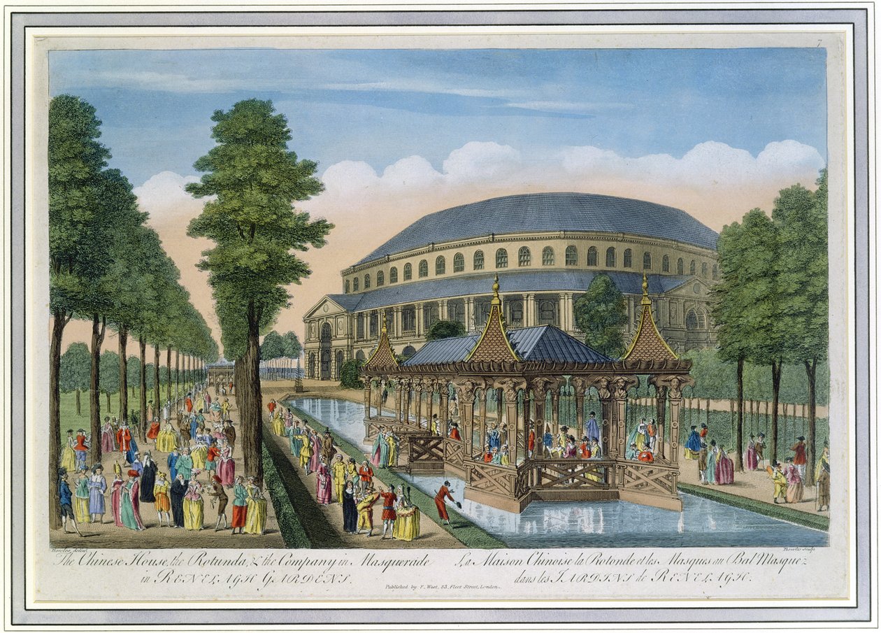 A casa chinesa, a rotunda e a companhia em Masquerade nos jardins de Ranelagh (aquatint colorido) de John Bowles