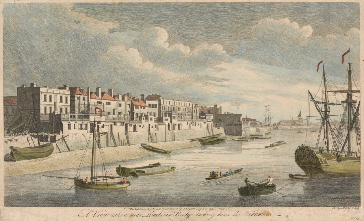 Vista tirada perto da ponte de Limehouse, olhando a jusante pelo Tamisa de John Boydell