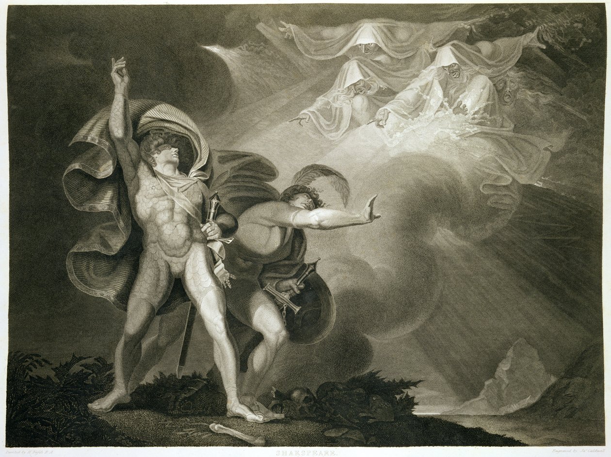 Macbeth, Banquo e as três bruxas no Heath no ato I, cena III de Macbeth por William Shakespeare (1564-1616) publicado em 1805 de John Boydell