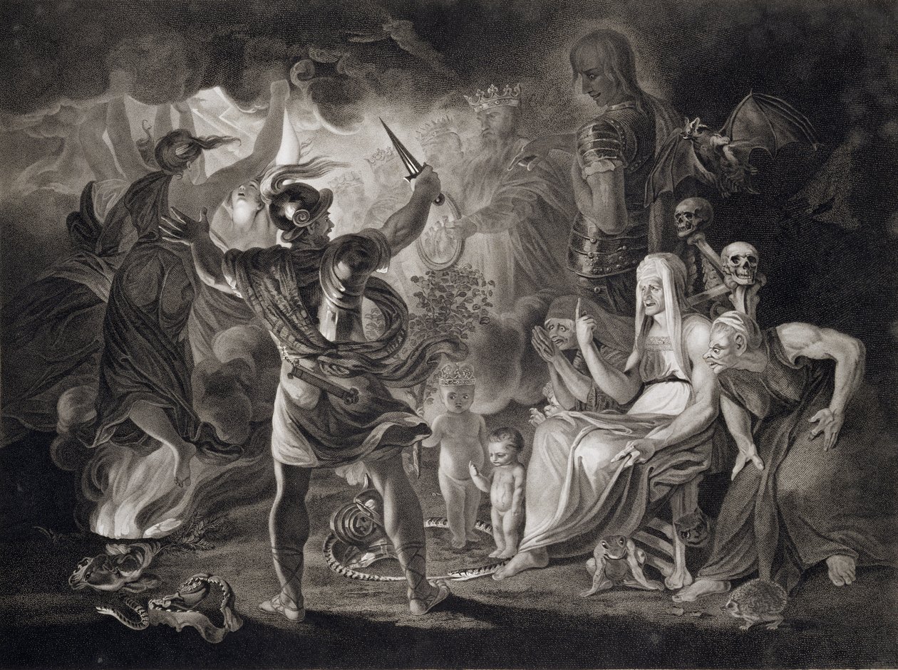 Macbeth, as três bruxas e Hecate no ato IV, cena I de &39;Macbeth&39; por William Shakespeare (1564-1616) publicado em 1805 de John Boydell