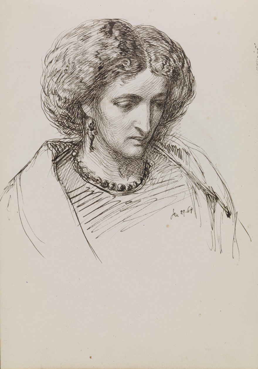 Esboço de retrato de cabeça e ombros de uma mulher com os olhos baixos de John Brett