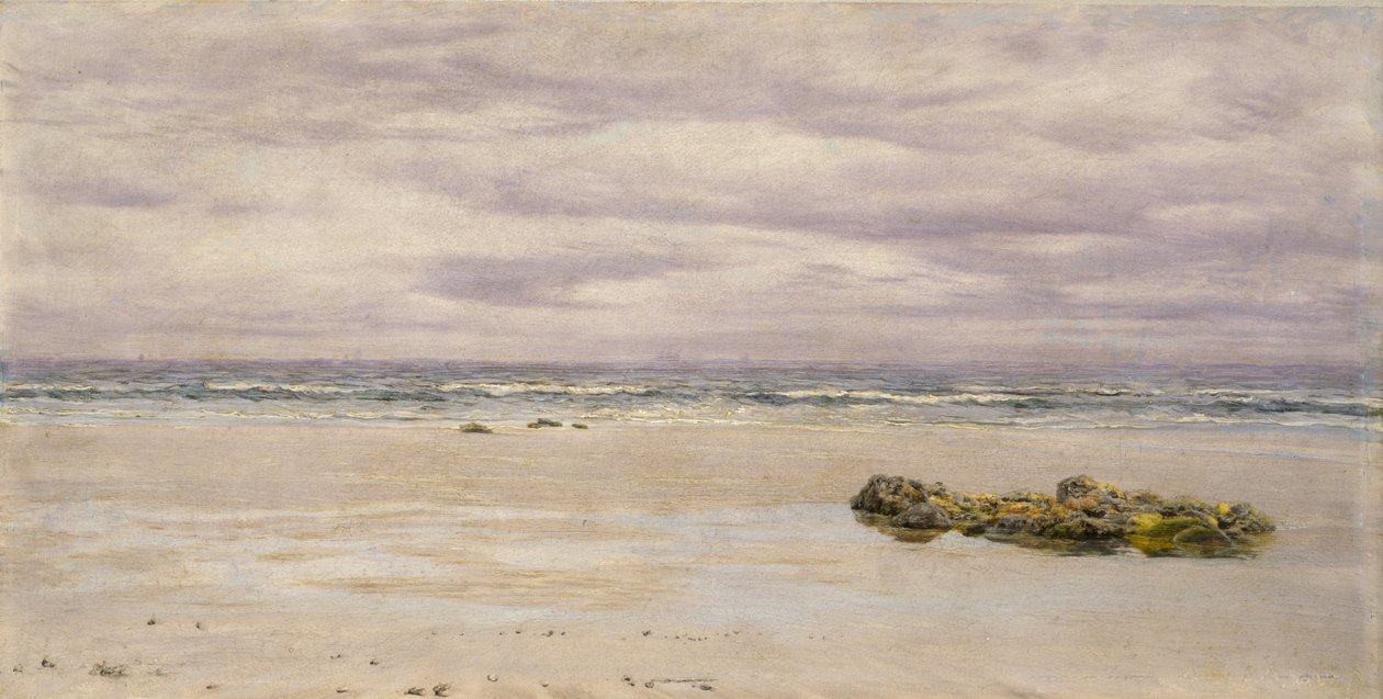 Kennack Sands, Cornwall, na maré baixa, 1877 (óleo a bordo, montado como desenho) de John Brett