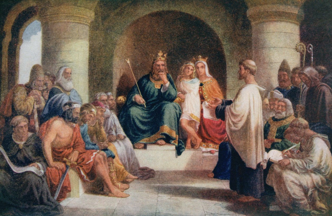 Rei Alfred (849-99) submetendo suas leis ao Witan, ilustração de "Vidas dos Grandes Homens Contados por Grandes Homens", editado por Richard Wilson, em 1920 de John Bridges