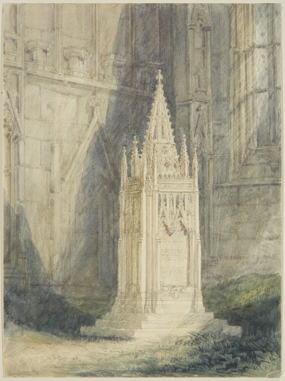 Desenho para Chatterton Cenotaph na Igreja de St Mary Redcliffe (aguarela e cor de corpo sobre lápis, com giz e arranhões, em papel) de John Britton