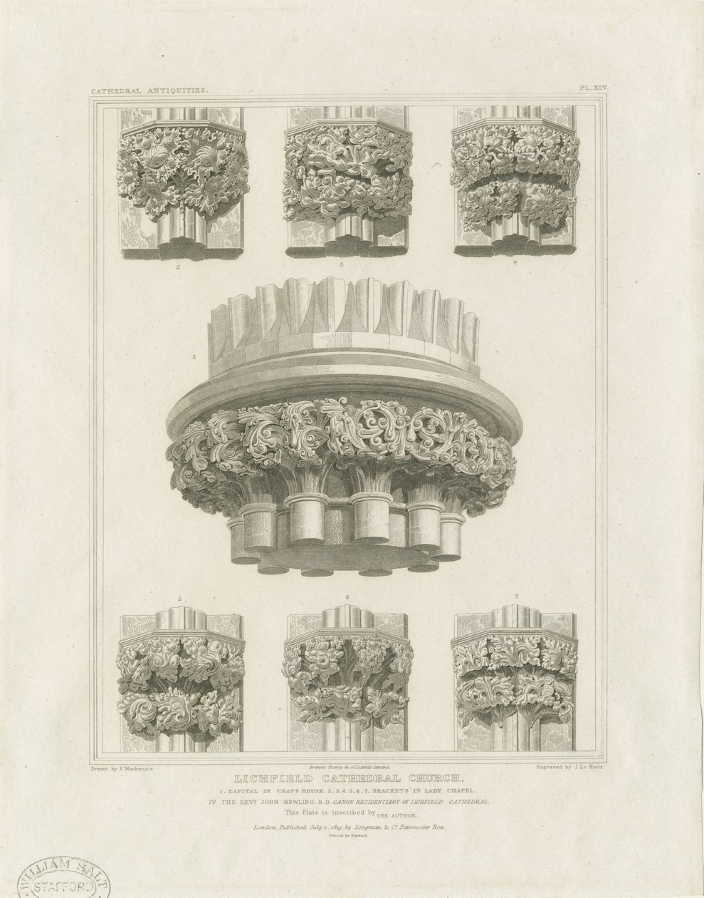 Interior da Catedral de Lichfield - Pilar Cluster na Casa do Capítulo e Parênteses na Capela da Senhora: gravura, nd [c 1819] (imprimir) de John Britton