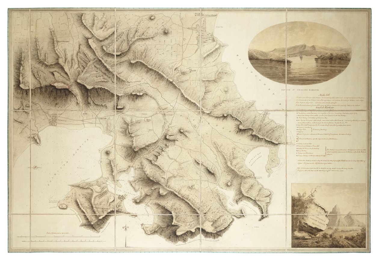 Planta dos arredores de English Harbour, Antígua, c.1782 (Tinta e aguada, segmentada e apoiada) de John Brown