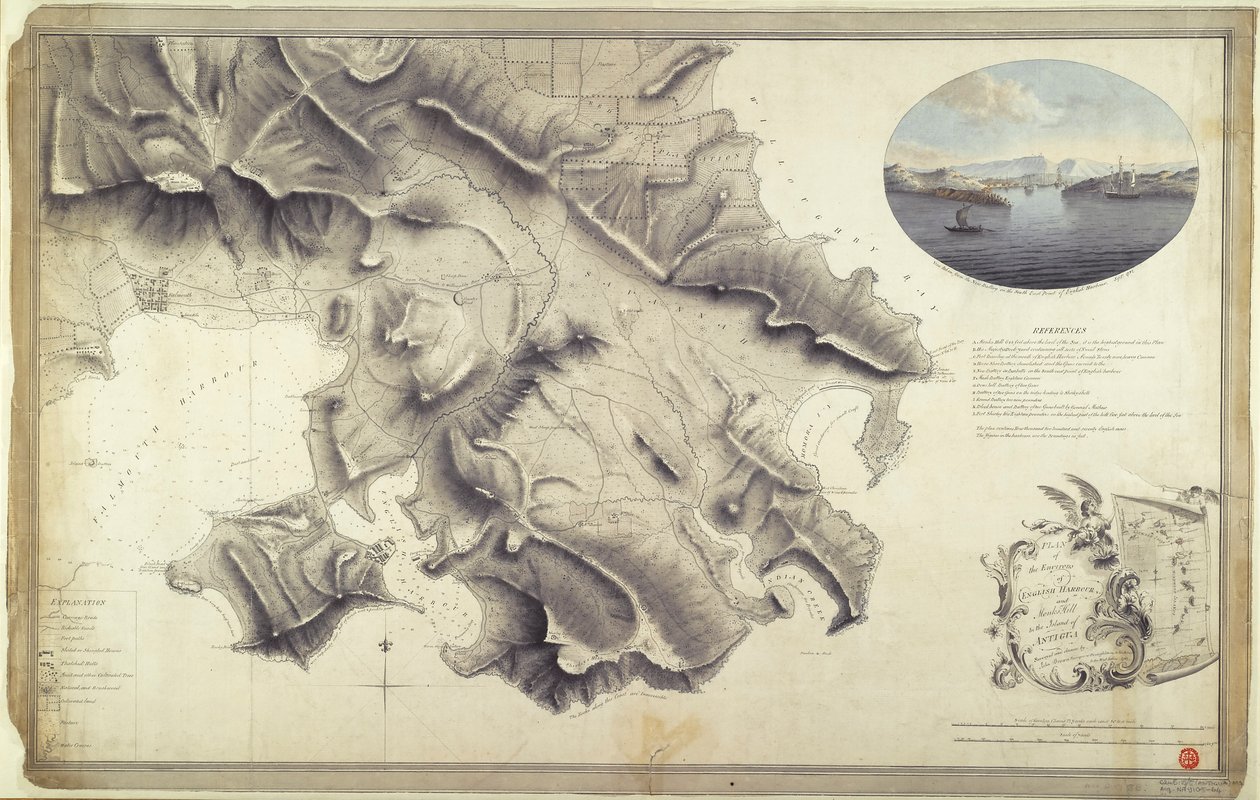 Plano dos arredores de English Harbour e Monks Hill na ilha de Antígua, estudado e desenhado por John Brown, agrimensor e desenhador do exército nas Índias Ocidentais de John Brown