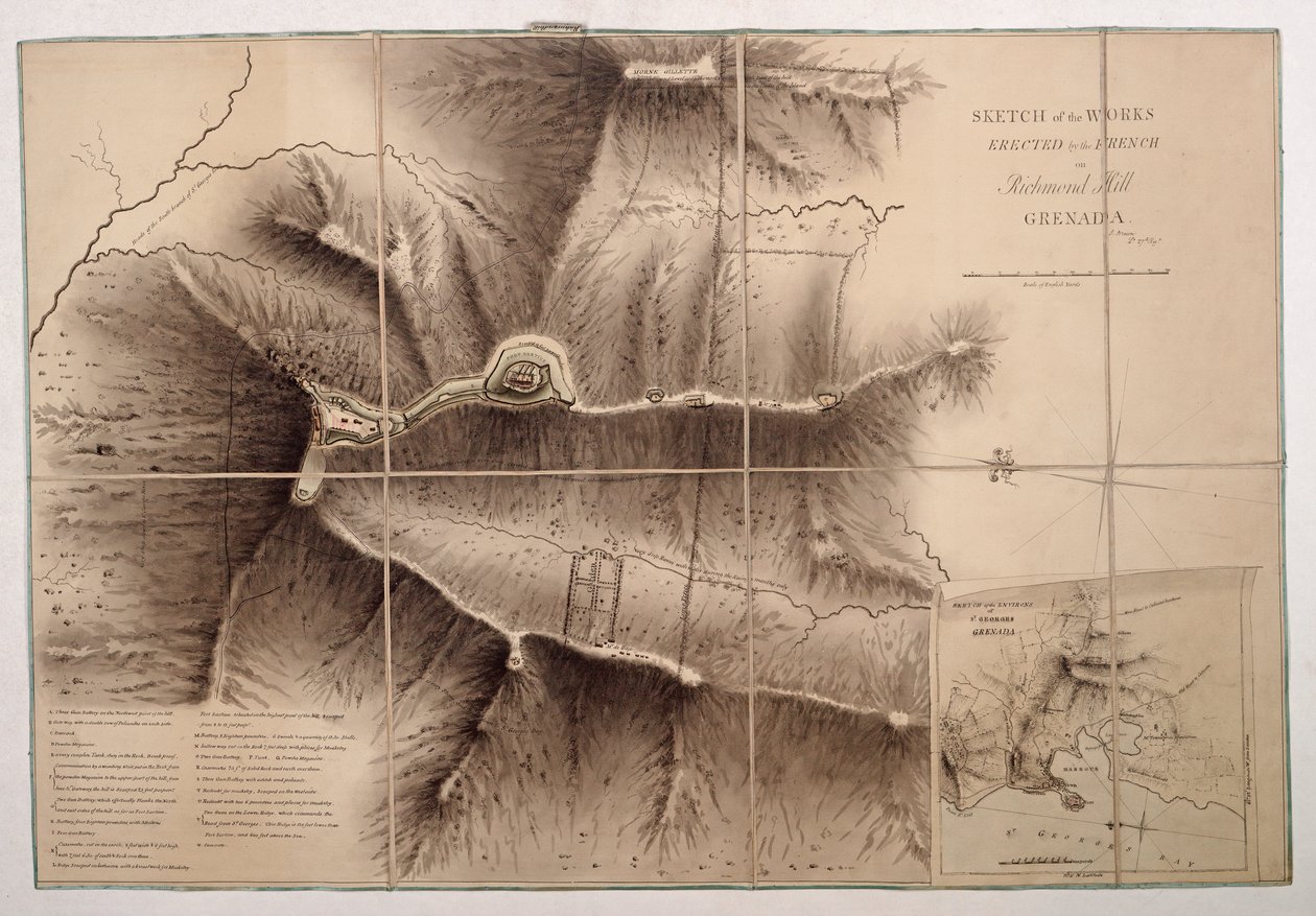 Esboço das obras erguidas pelos franceses em Richmond Hill, Granada de John Brown