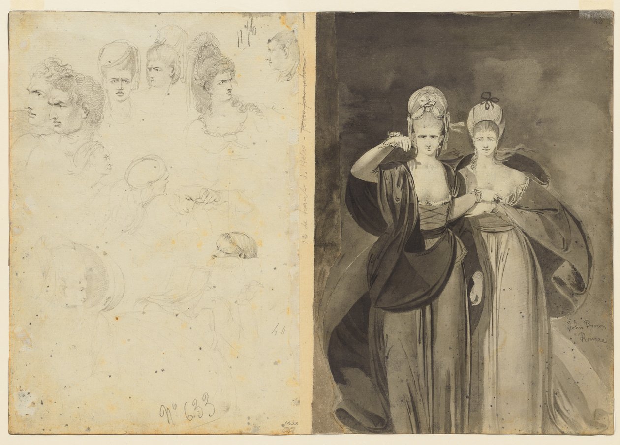 Esboços das cabeças verso, esquerda, Duas mulheres verso, direita, c. 1770-1775. de John Brown