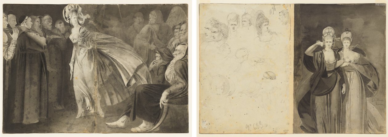 Mulher de pé entre os frades (reto) Esboços de cabeças (verso, esquerda); Duas Mulheres (verso, à direita) de John Brown