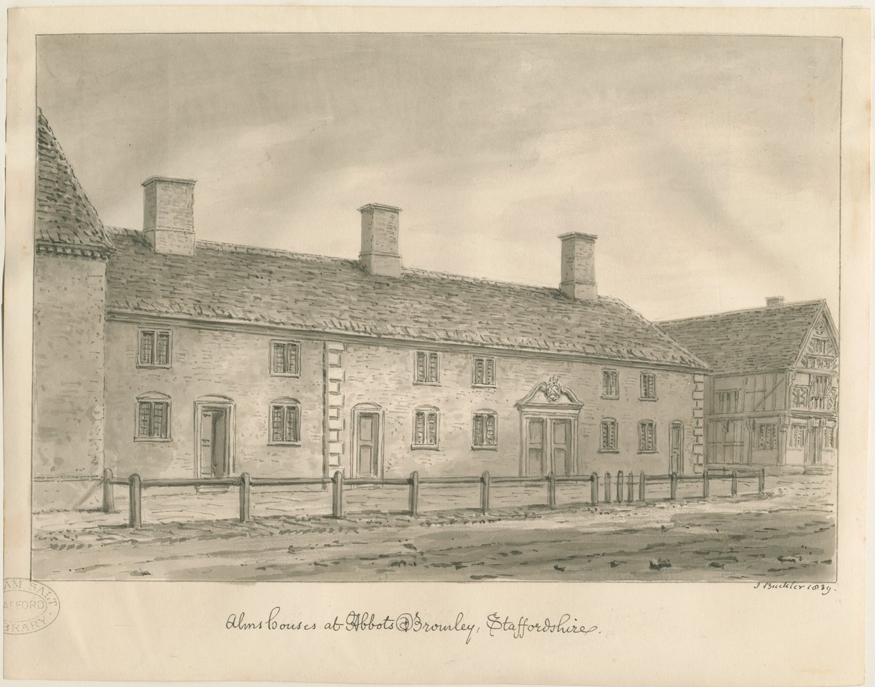 Abbots Bromley Almshouses: desenho em sépia de John Buckler