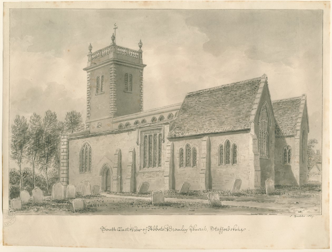 Igreja dos Abades Bromley: desenho em sépia de John Buckler