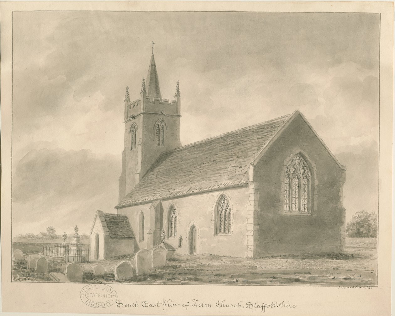 Igreja de Acton Trussell: desenho em sépia, 1841 de John Buckler