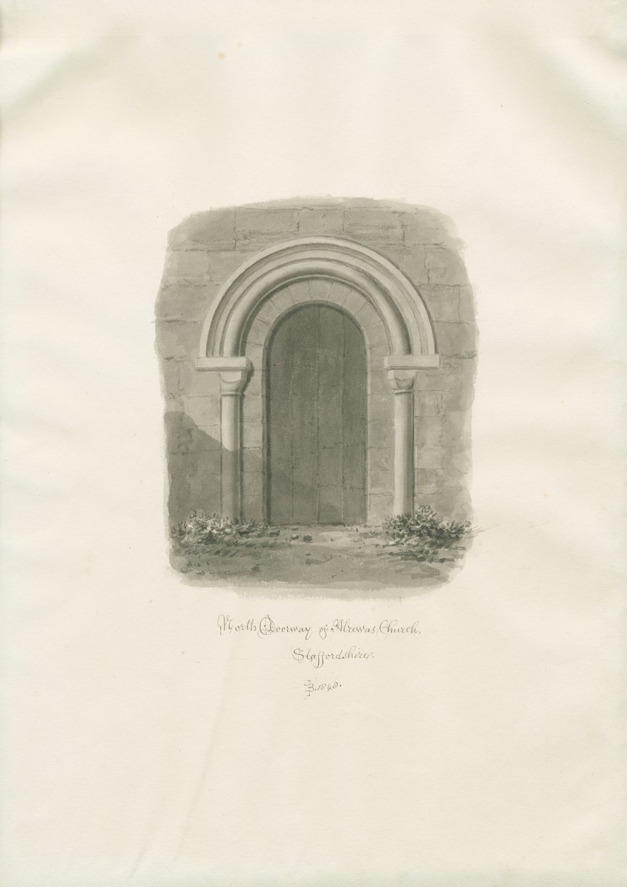 Igreja de Alrewas - Porta Norte: desenho sépia de John Buckler