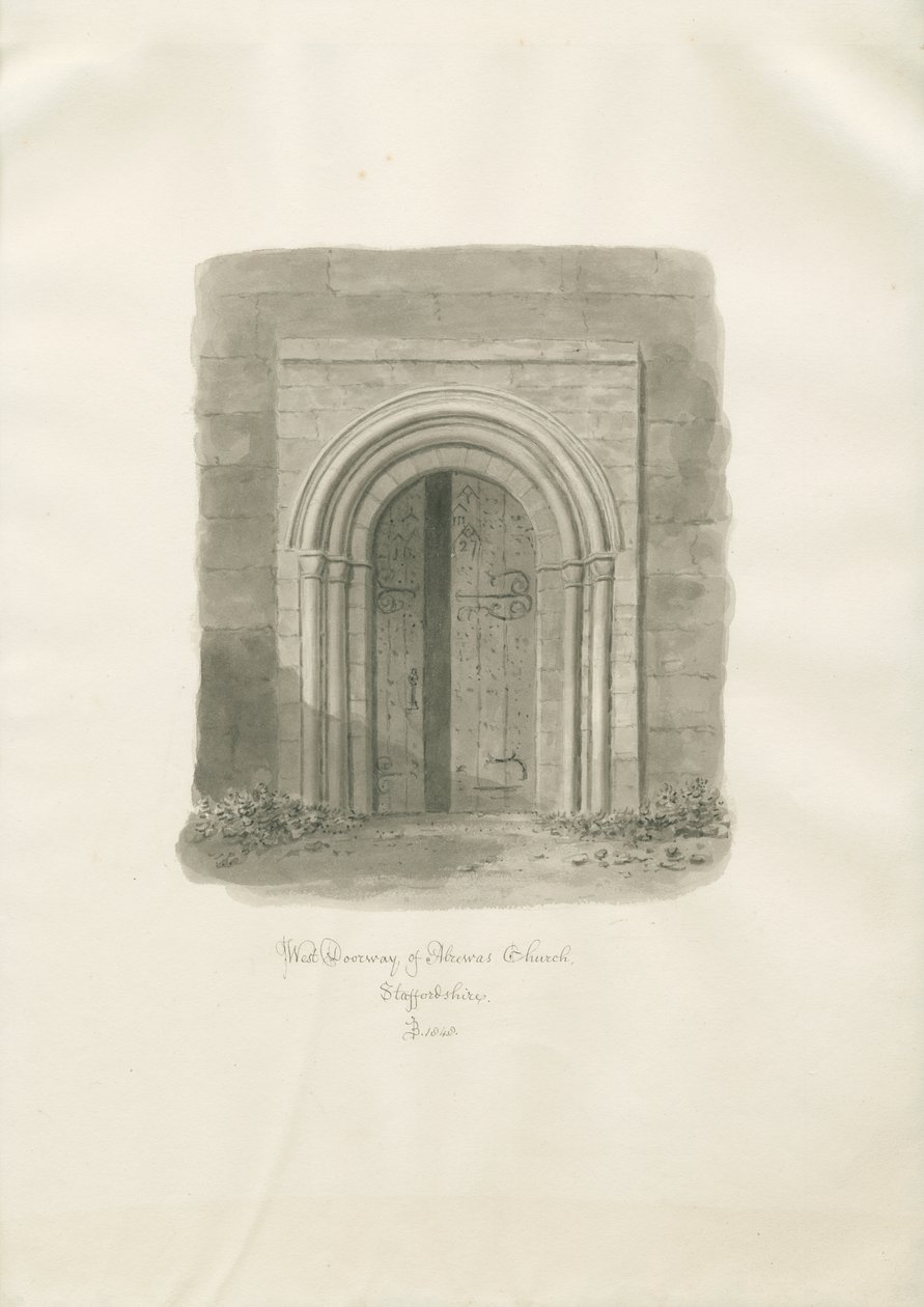 Igreja de Alrewas - Porta Oeste: desenho sépia de John Buckler