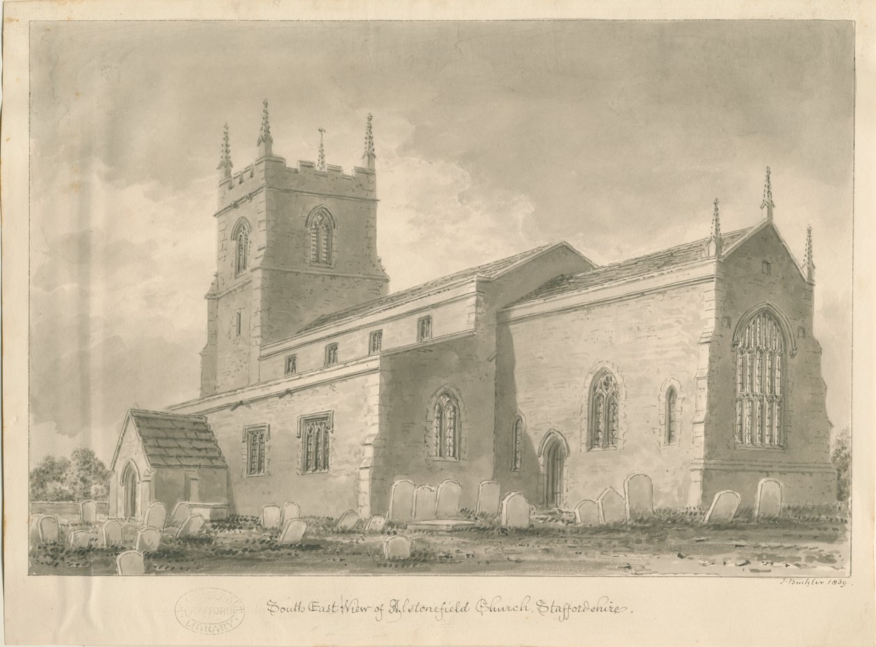 Igreja de Alstonfield: desenho em sépia, 1839 de John Buckler