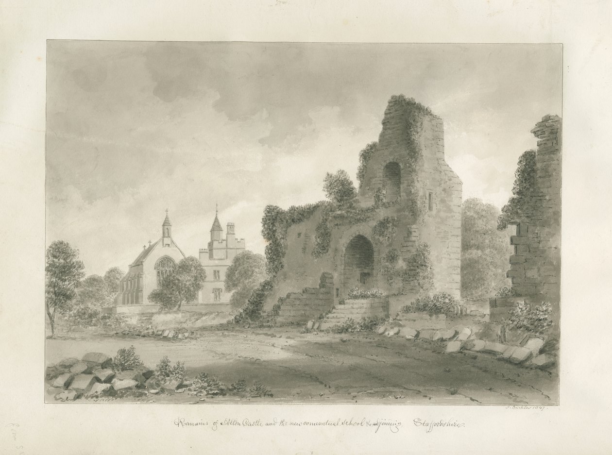 Castelo de Alton e "Nova Escola Conventual": desenho em sépia, 1847 de John Buckler