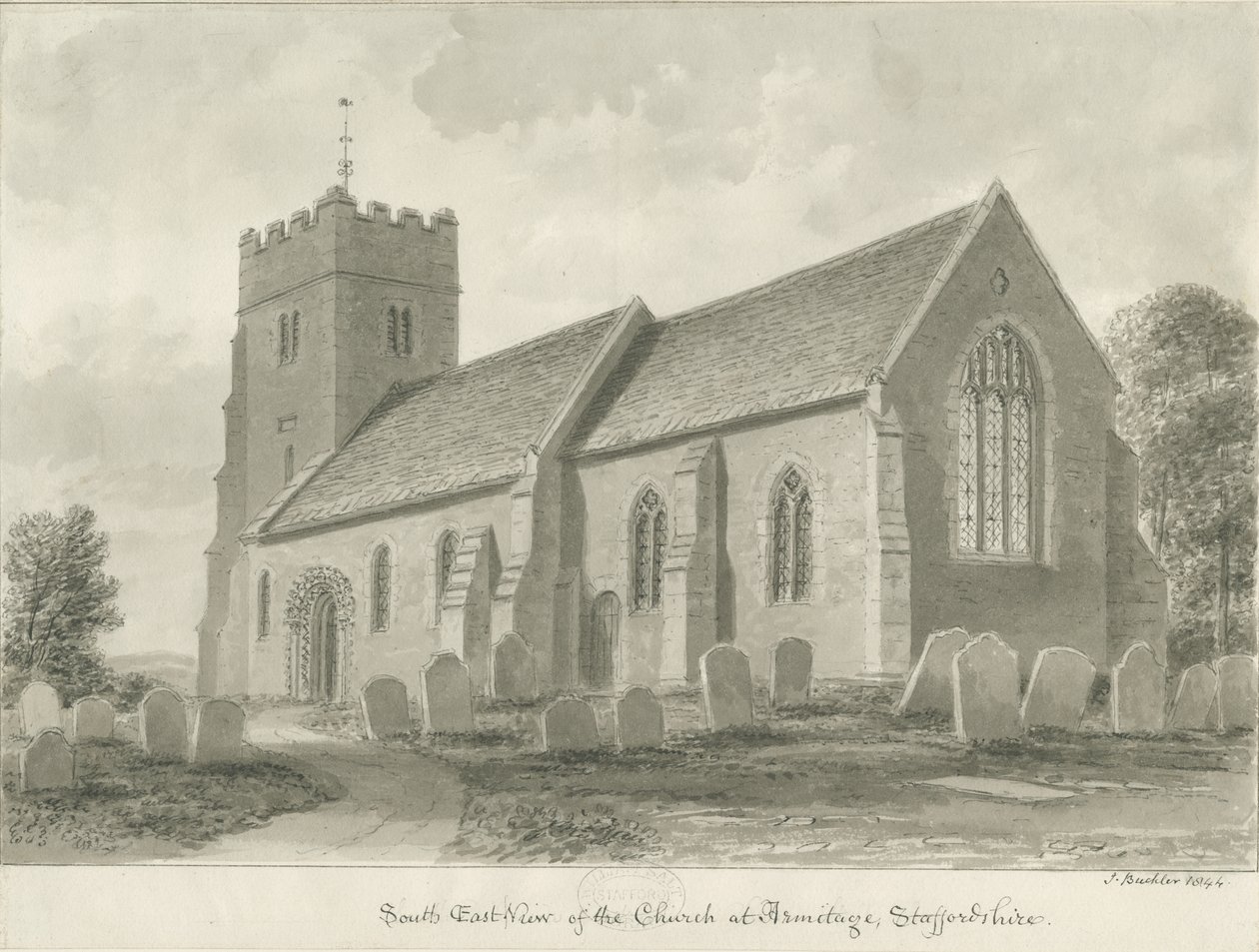 Igreja de Armitage: desenho sépia, 1844 de John Buckler