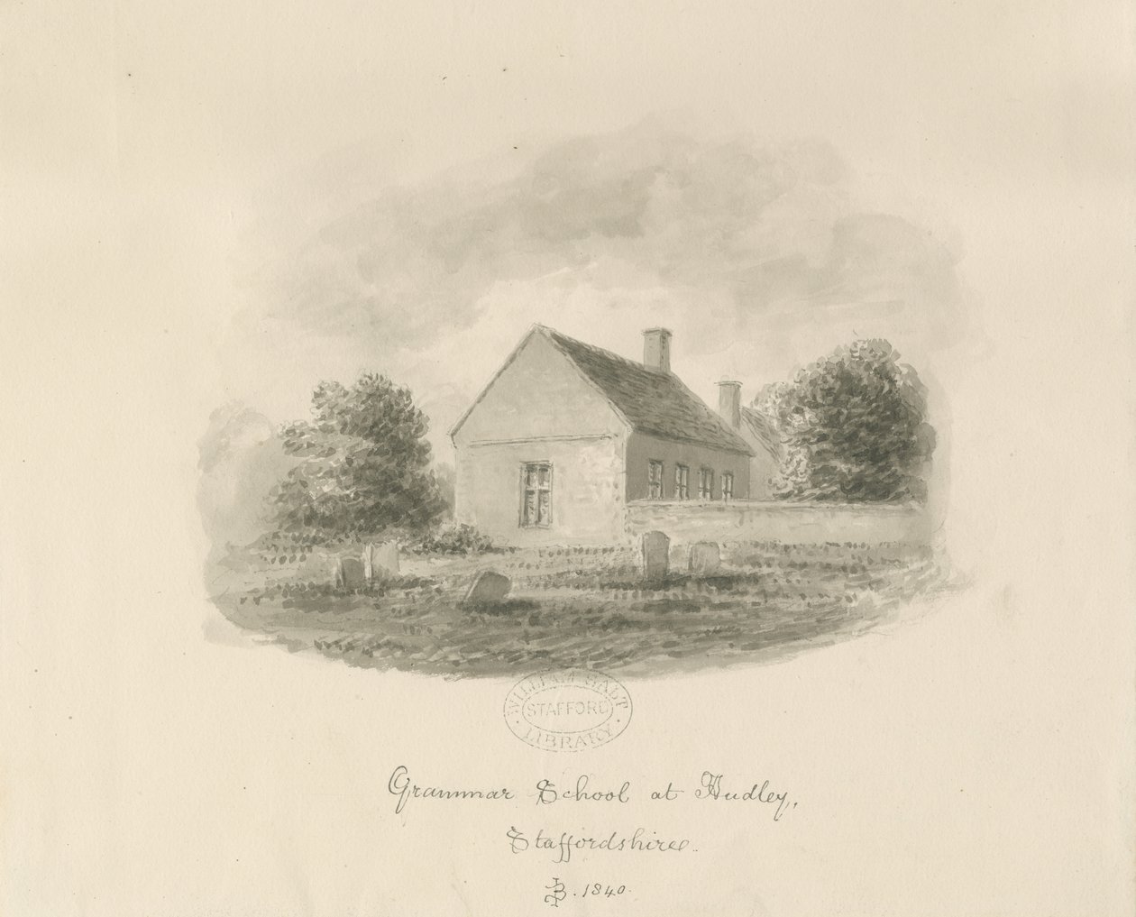 Audley Grammar School: desenho sépia de John Buckler