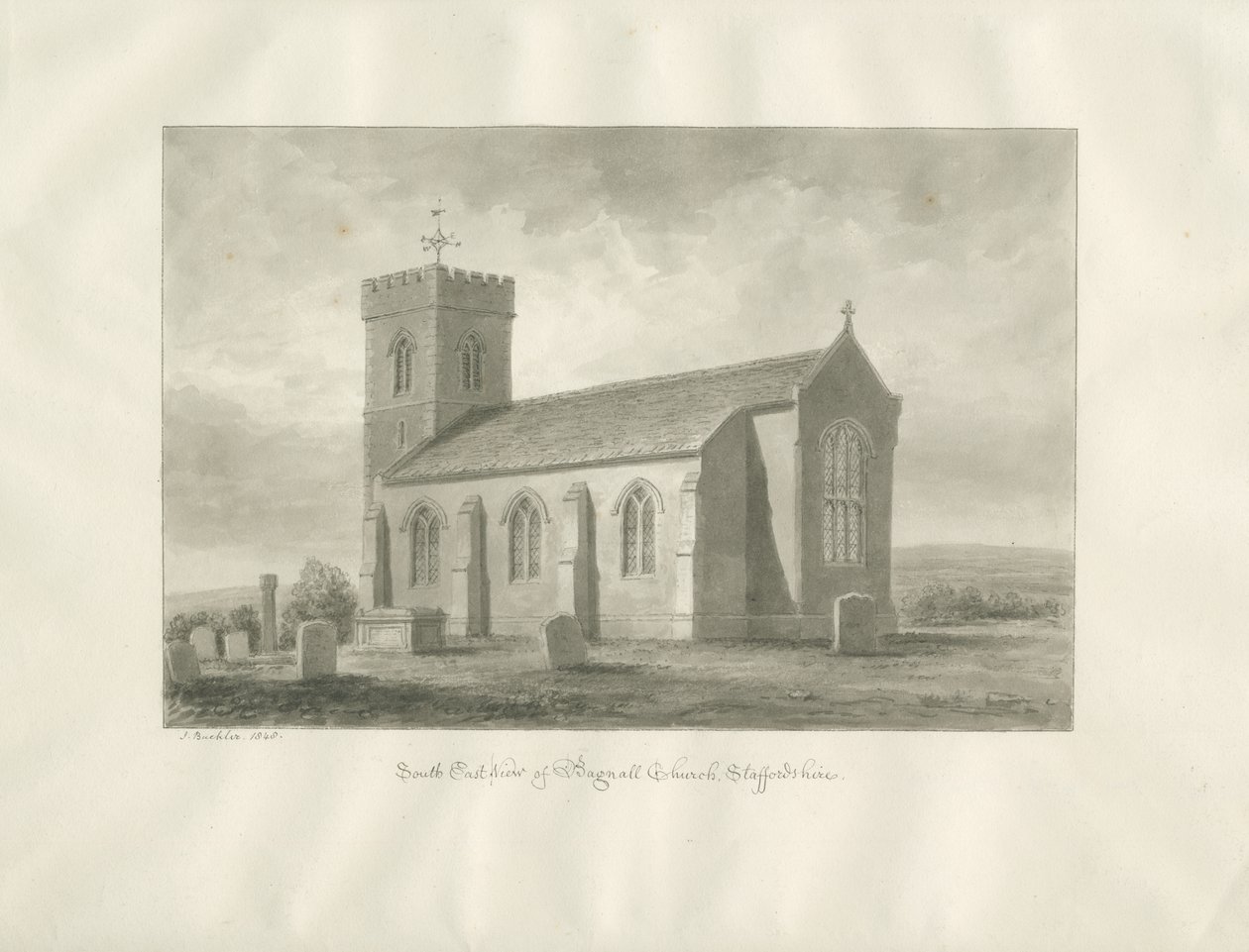 Igreja de Bagnall: desenho em sépia, 1848 de John Buckler
