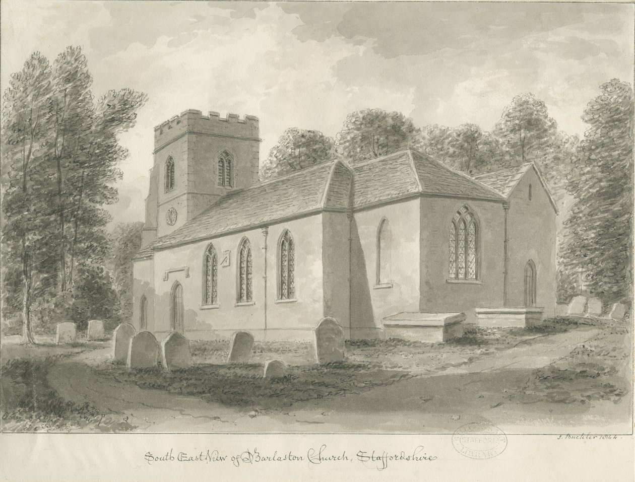 Igreja de Barlaston: desenho em sépia, 1844 de John Buckler