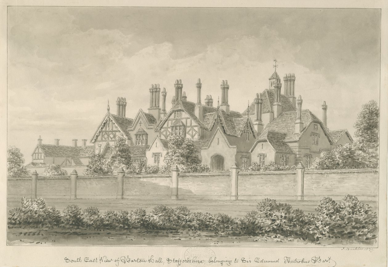 Barton sob Needwood - "Barton Hall": desenho em sépia, 1839 de John Buckler