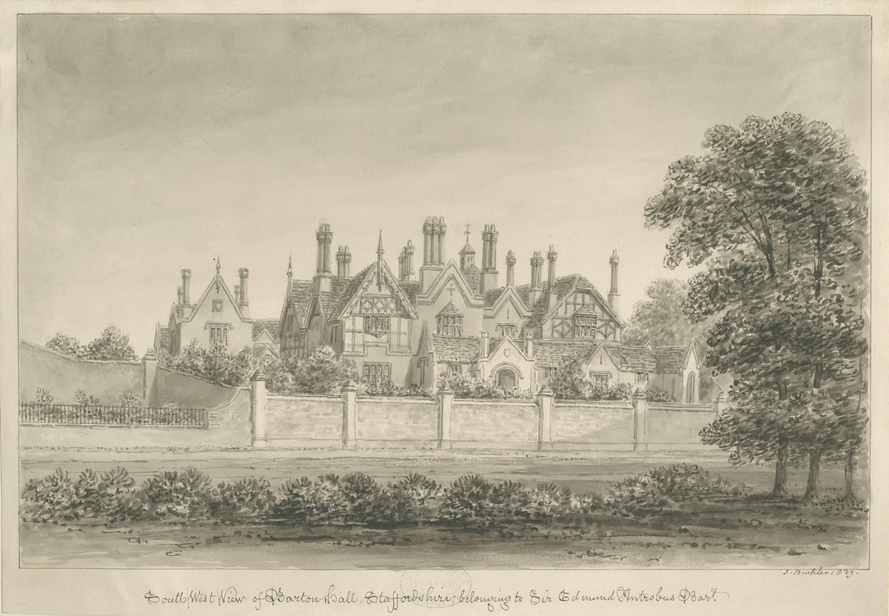 Barton under Needwood - "Barton Hall": desenho sépia, 1839 de John Buckler