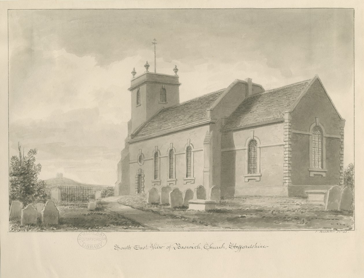 Igreja de Baswich: desenho em sépia, 1841 de John Buckler