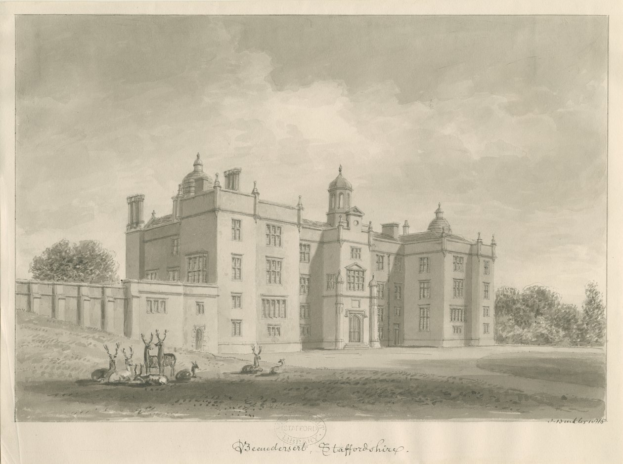 Beaudesert Hall and Park: desenho em sépia de John Buckler