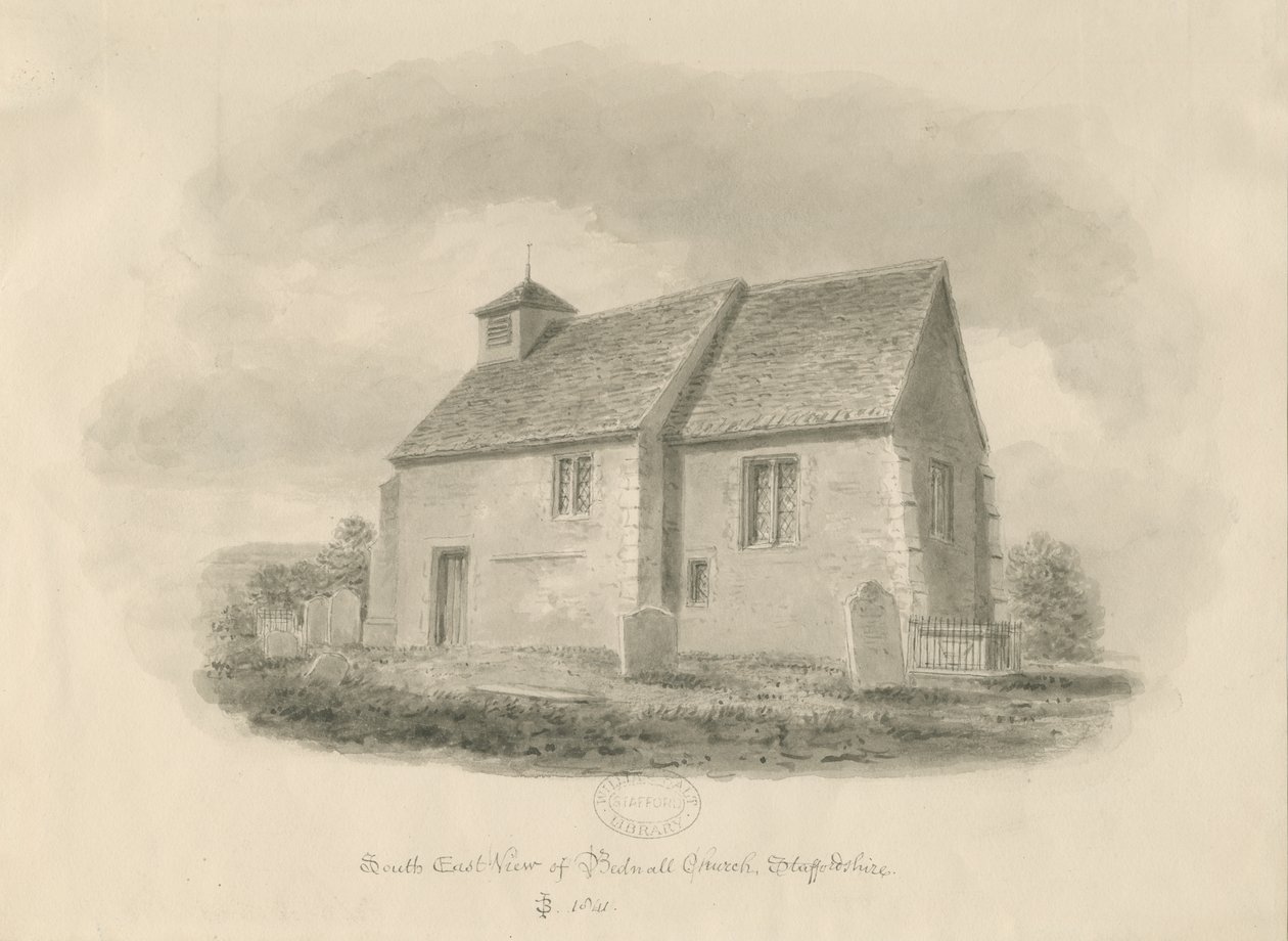 Igreja de Bednall: desenho sépia, 1841 de John Buckler