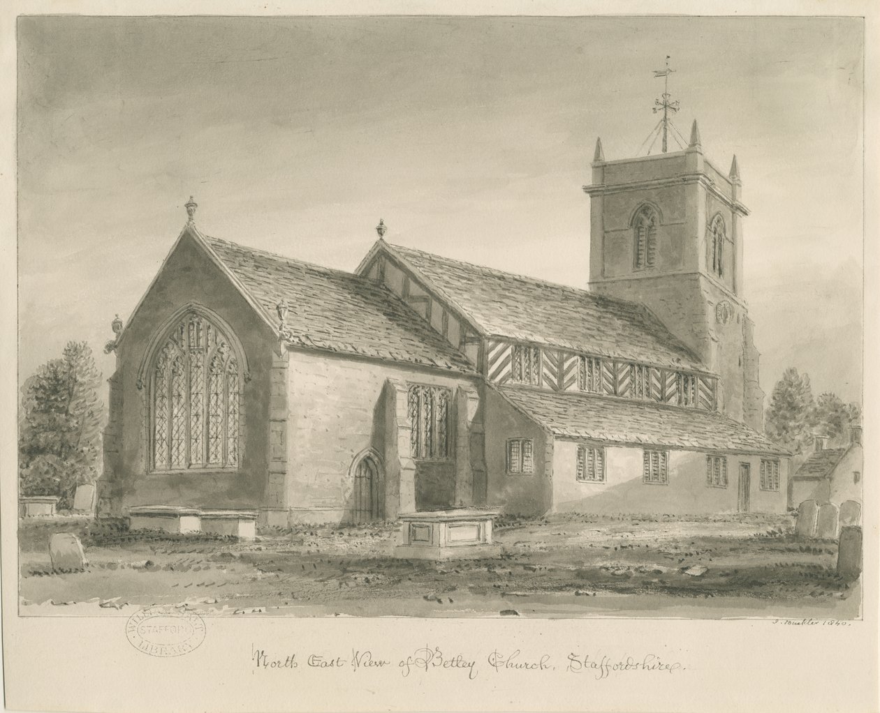 Igreja de Betley: desenho em sépia, 1840 de John Buckler