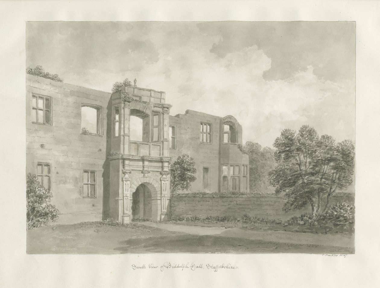 Biddulph Hall (antigo) : desenho sépia de John Buckler