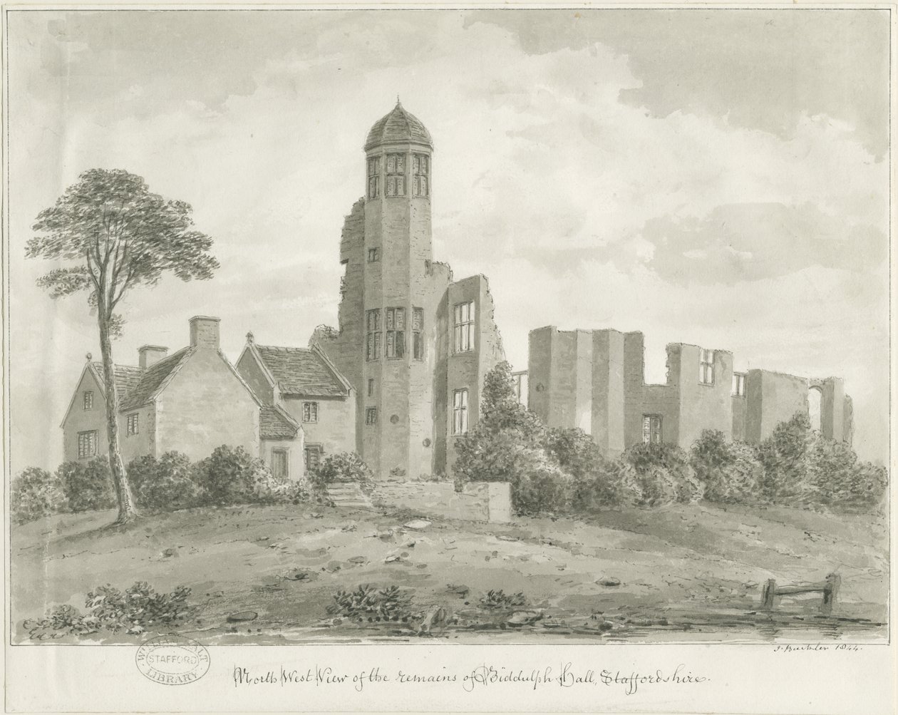 Biddulph Hall (antigo): desenho em sépia de John Buckler