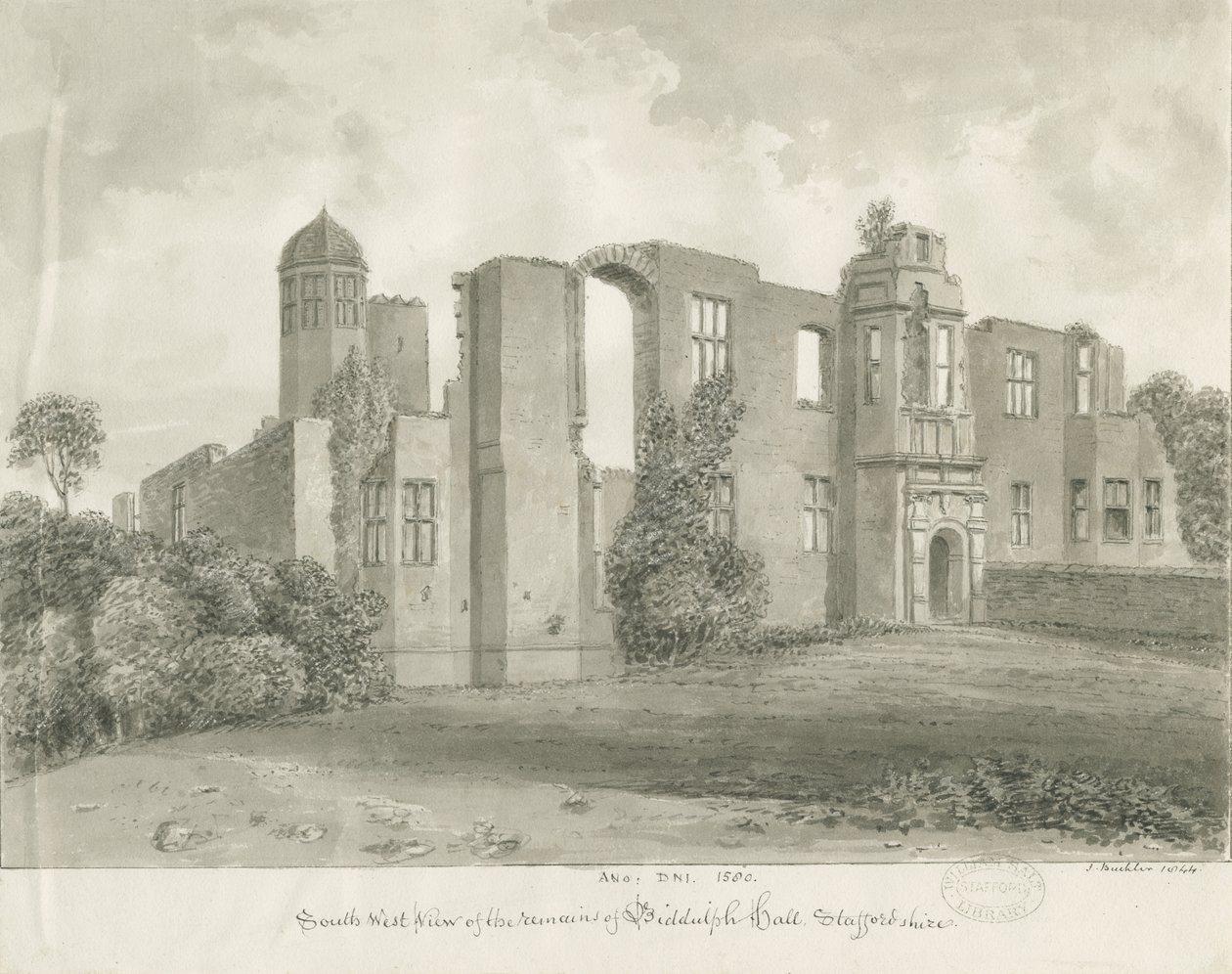 Biddulph Hall (antigo): desenho em sépia de John Buckler