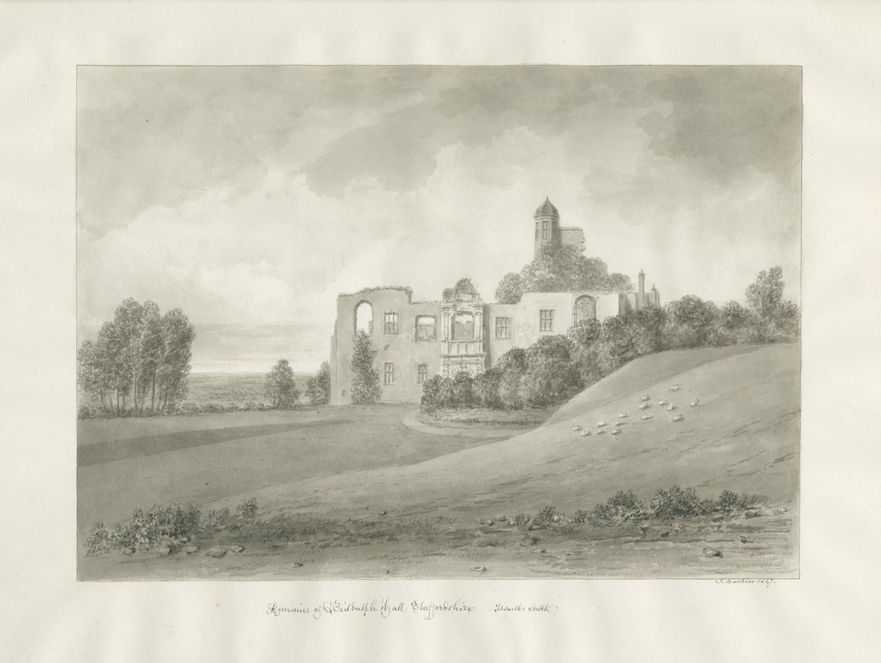 Biddulph Hall (antigo): desenho em sépia de John Buckler