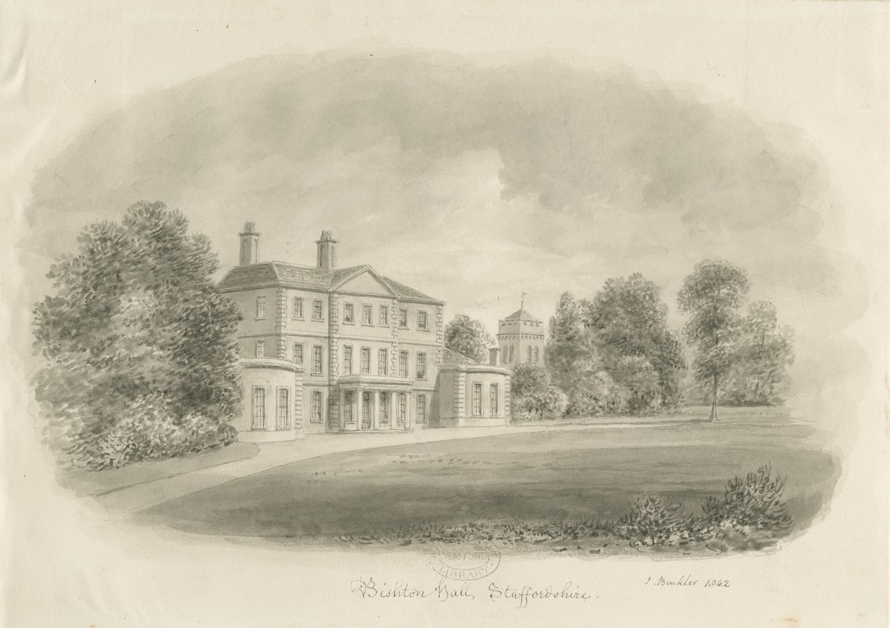 Bishton Hall: desenho sépia de John Buckler