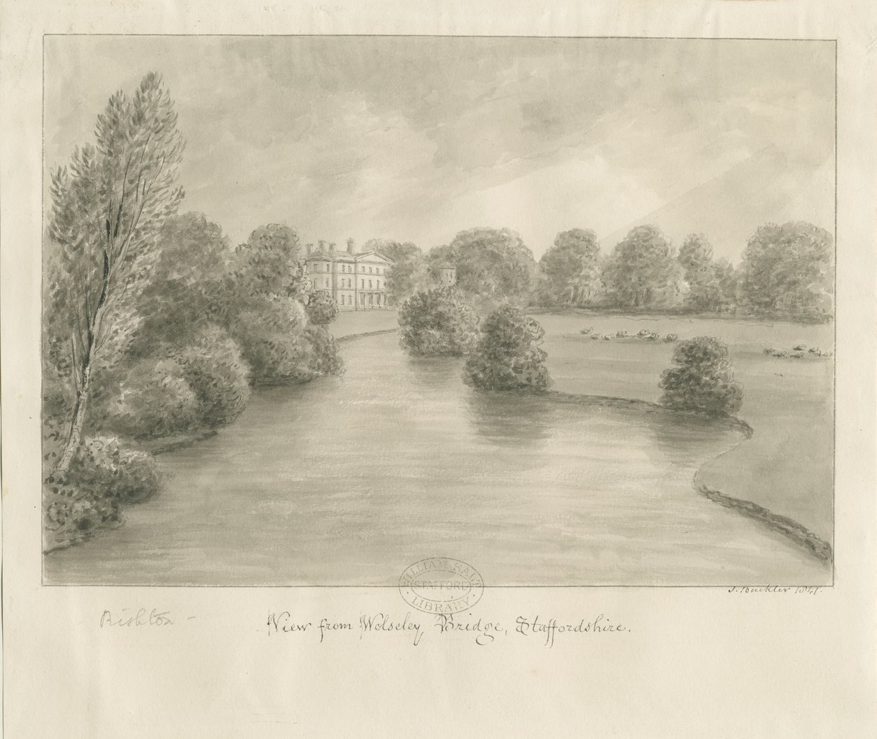 Bishton Hall: desenho sépia, 1841 de John Buckler