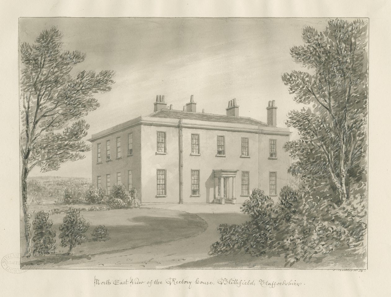 Blithfield - Reitoria: desenho sépia, 1824 de John Buckler